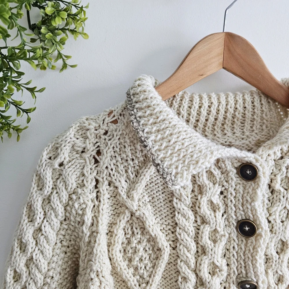 Vintage Hand Knit Cream Chunky Cardigan  Sweater Jacket Children Size Large
